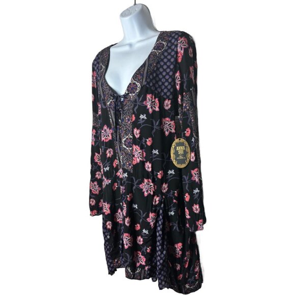 O'Neill x Anna Sui Dottie Floral Lace-up V-Neck Pleated Dress Sz M (1344) - Picture 3 of 8